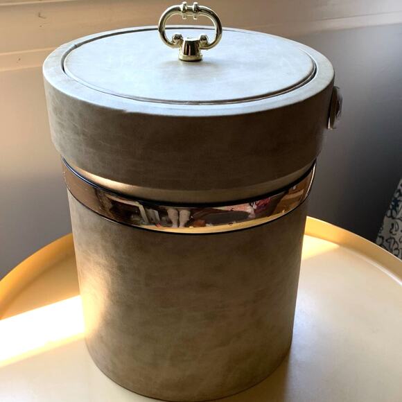 Vintage Insulated Ice Bucket Shelton-Ware/Leonard Silver Co. Ultrasuede NY Tan - Picture 5 of 9